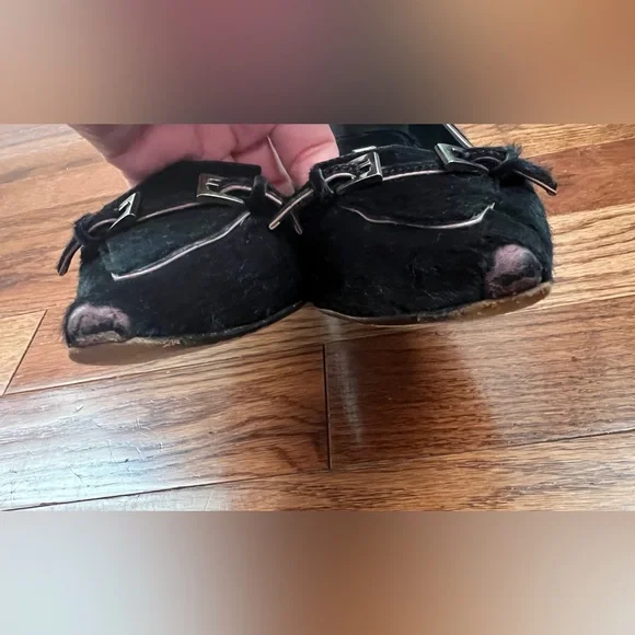 PRADA - Glossy Black Buckle Pointed Toe Pony Hair Low Heel Pumps Sz 41 US 11 - Picture 5 of 12